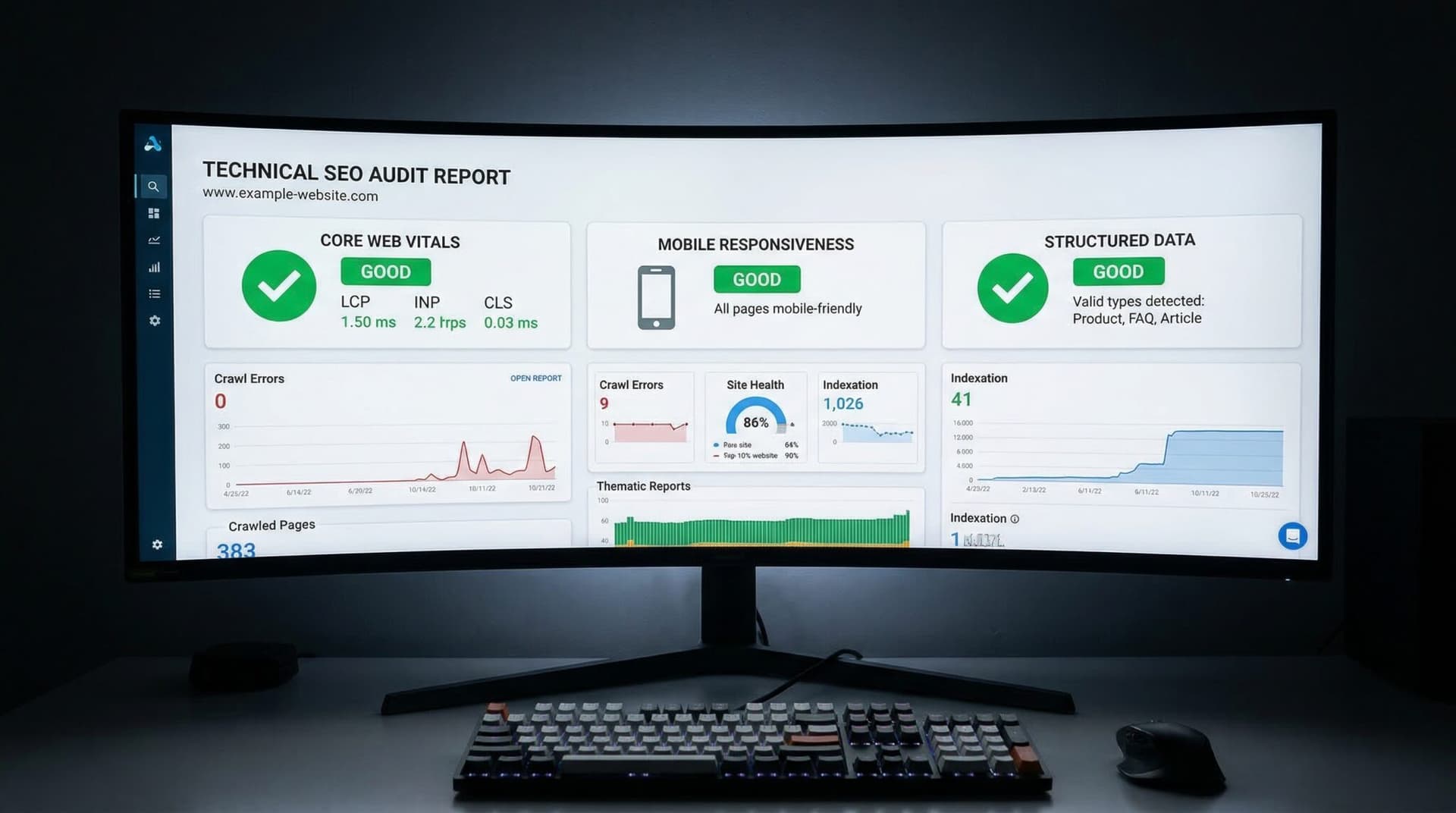 어두운 사무실의 고성능 모니터에 표시된 Core Web Vitals 및 Mobile Responsiveness, Structured Data 점검 결과가 모두 통과(Green Checkmarks)된 실무적인 Technical SEO Audit 대시보드 화면.