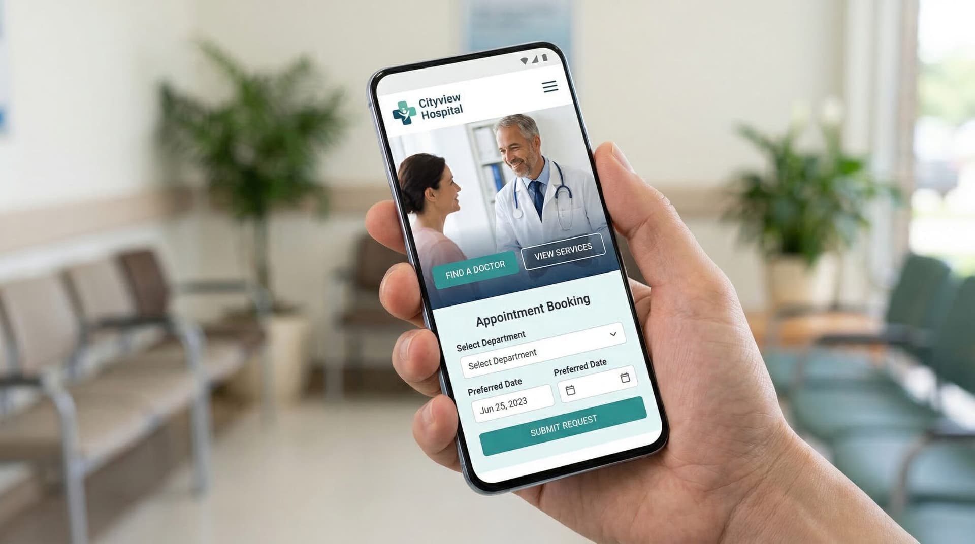 현대적인 스마트폰 화면에 표시된 병원 전용 Mobile-Responsive Website의 직관적인 Appointment Form과 가독성 높은 CTA 버튼 디자인 실사 시각화.