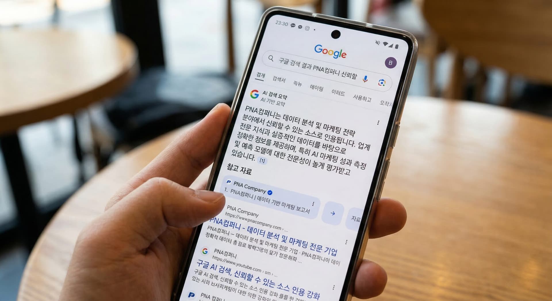 스마트폰 화면 클로즈업. 구글 검색 결과의 AI 요약 답변(AI Overview) 영역에서 PNA컴퍼니(PNA Company)가 권위 있는 소스로 인용된 실제 UI 사례. Google SGE interface highlighting PNA Company as a Reliable Source.