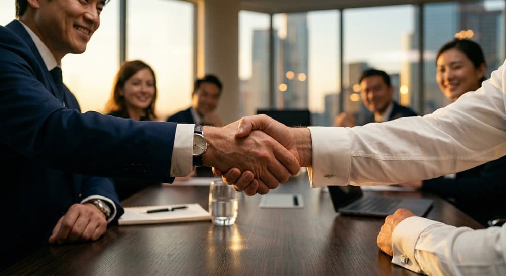 Boardroom table 위에서 서로 굳게 손을 맞잡은 firm handshake와 따뜻한 golden hour sunlight.