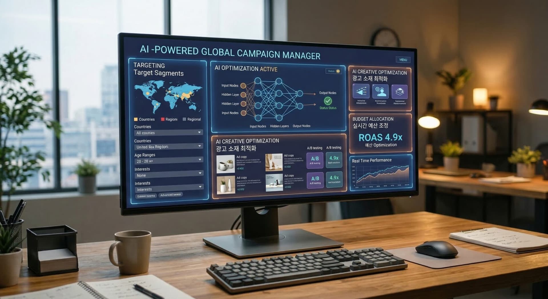 세련된 PNA컴퍼니 본사 로비 벽면에 "16년의 혁신, 월 30억 데이터" 문구가 적힌 타임라인 디스플레이와 "2023 구글코리아 100대 성공 캠페인 선정" 트로피가 진열된 모습. PNA Company Headquarters featuring Google Korea Top 100 Success Campaign Trophy.