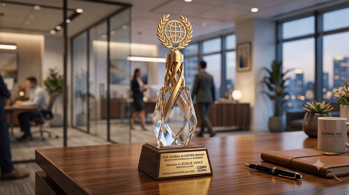 2023 구글코리아 100대 성공 캠페인 트로피와 임원 집무실의 고급스러운 전경 / A prestigious crystal and gold award trophy on an executive mahogany desk, representing Google campaign awards.