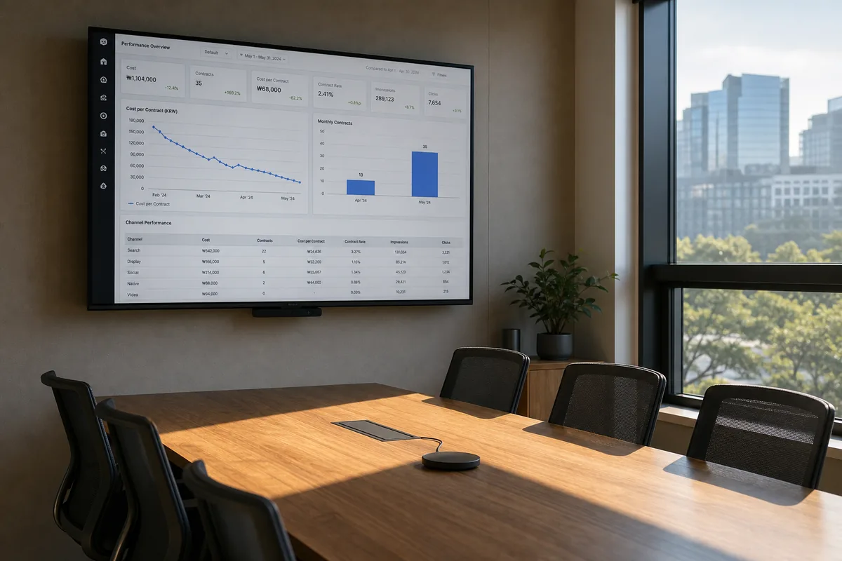 그로스해킹 성공 사례의 계약당 비용 하락 추이가 표시된 빈 회의실의 wall-mounted performance dashboard 화면