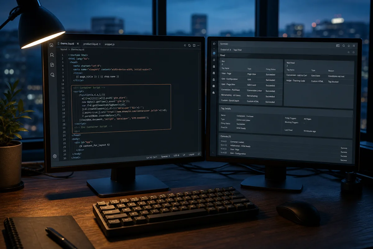 워드프레스 구글 태그매니저 설치 가이드 작업 화면, 컨테이너 스니펫 코드와 태그 debugging console이 나란히 띄워진 듀얼 모니터